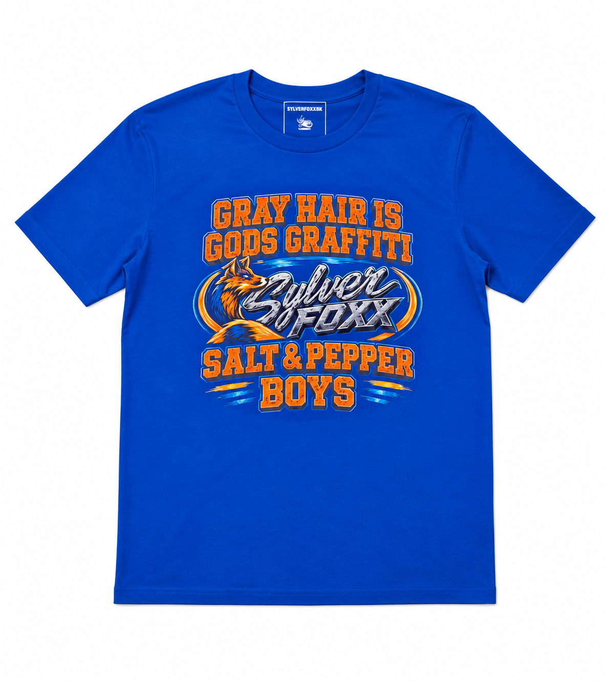 GREY HAIR IS GODS GRAFFITI BLUE T
